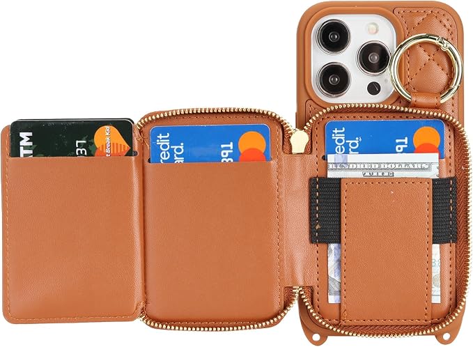 Crossbody Wallet Case for iPhone 14 Pro, PU Leather Zipper Handbag Purse Flip Cover, Kickstand Folio Case with Card Slots Holder Wrist Strap Lanyard 5G 6.1 Inch-Brown