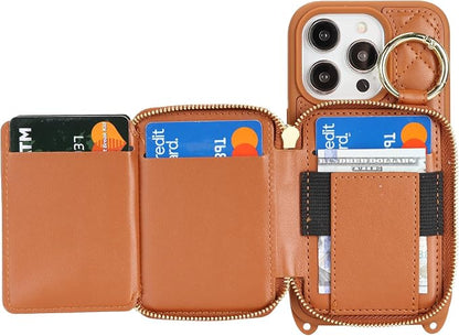 Crossbody Wallet Case for iPhone 14 Pro, PU Leather Zipper Handbag Purse Flip Cover, Kickstand Folio Case with Card Slots Holder Wrist Strap Lanyard 5G 6.1 Inch-Brown