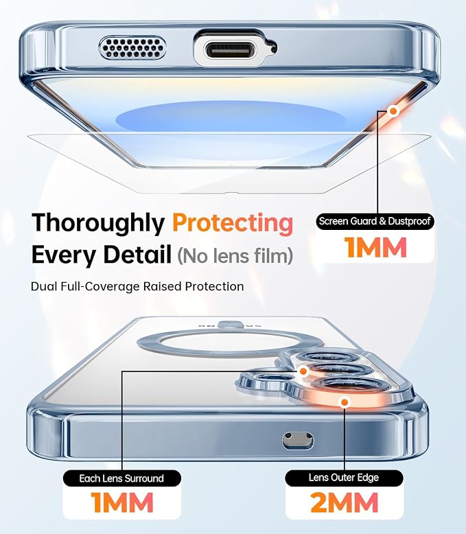 Meifigno Case Designed for Samsung Galaxy S25 6.2 inch, [Compatible with MagSafe] [2X HD Screen Protectors] [Glitter Card & Wrist Strap] Full Lens Protection Case for Galaxy S25, Icyblue