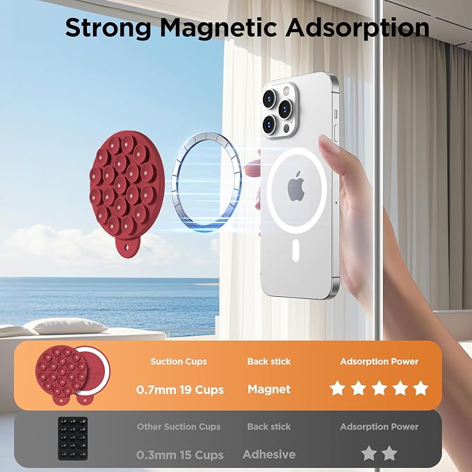 Magnetic Suction Cup Phone Mount with MagSafe, Silicone Hands-Free Grip Holder for iPhone Case and Android, Mirror Shower Phone Stand for Makeup FaceTime Gym Kitchen Bathroom, Deep Red