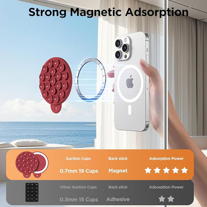 Magnetic Suction Cup Phone Mount with MagSafe, Silicone Hands-Free Grip Holder for iPhone Case and Android, Mirror Shower Phone Stand for Makeup FaceTime Gym Kitchen Bathroom, Deep Red