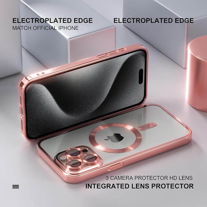 Misea Magnetic for iPhone 15 Pro Case Compatible with MagSafe [Never Yellowing] [Military Grade Drop Protection] Full Camera Lens Protector Plating Soft Clear Phone Case for Women Girls, Pink