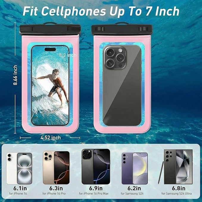 Waterproof Phone Pouch, Universal Cruise Essentials - IPX8 Cellphone Beach Bag for iPhone up to 7", 1 Pack - Pink
