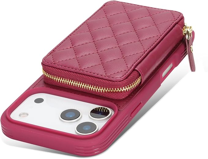 Crossbody Wallet Case for iPhone 17 Pro, PU Leather Zipper Handbag Purse Flip Cover, Kickstand Folio Case with Card Slots Holder Wrist Strap Lanyard 5G 6.3 Inch-Dark red