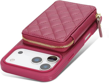 Crossbody Wallet Case for iPhone 17 Pro, PU Leather Zipper Handbag Purse Flip Cover, Kickstand Folio Case with Card Slots Holder Wrist Strap Lanyard 5G 6.3 Inch-Dark red