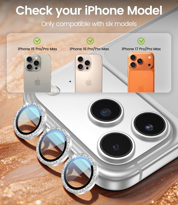 PandaShield 2-Pack Anti-Reflection Camera Lens Protector for iPhone 17/16/15 Pro & Pro Max, Easy Installation,9H Hardness, 98% Ultra Clarity, Maintains Original Lens Design - Glitter Silver