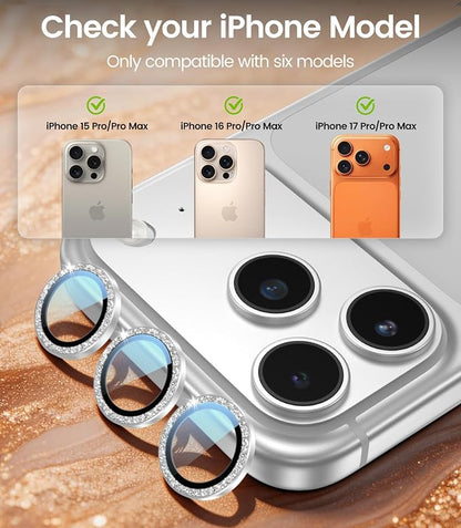 PandaShield 2-Pack Anti-Reflection Camera Lens Protector for iPhone 17/16/15 Pro & Pro Max, Easy Installation,9H Hardness, 98% Ultra Clarity, Maintains Original Lens Design - Glitter Silver
