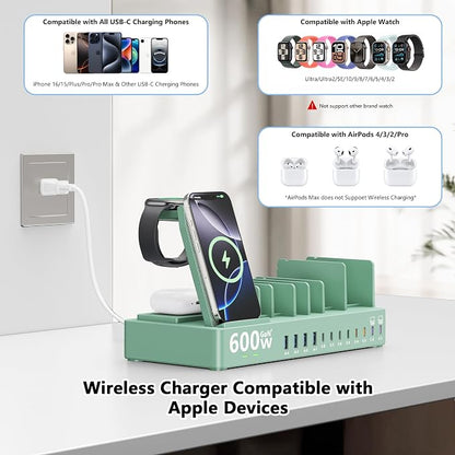 600w Charging Station for Multiple Devices, 15 in 1 Wireless Charger with 2pack 100w USB C Charger Cable, Dual 100w USB C Tablet Charging Station for MacBook,iPhone,iPad,Tablet(Green)