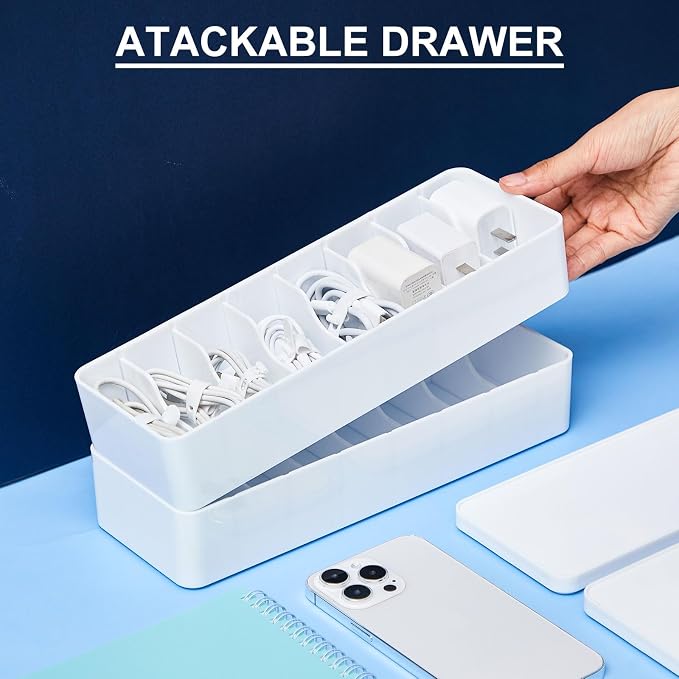 Tatuo 2 Pcs Cord Organizer for Drawer Desktop, Cable Organizer Box with 8 Compartments and Wire Ties, Plastic Charger Storage with Lid, Electronics Case for Home Office Accessories (Small,White)