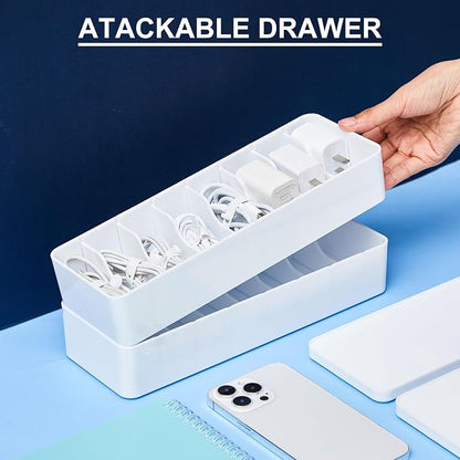 Tatuo 2 Pcs Cord Organizer for Drawer Desktop, Cable Organizer Box with 8 Compartments and Wire Ties, Plastic Charger Storage with Lid, Electronics Case for Home Office Accessories (Small,White)