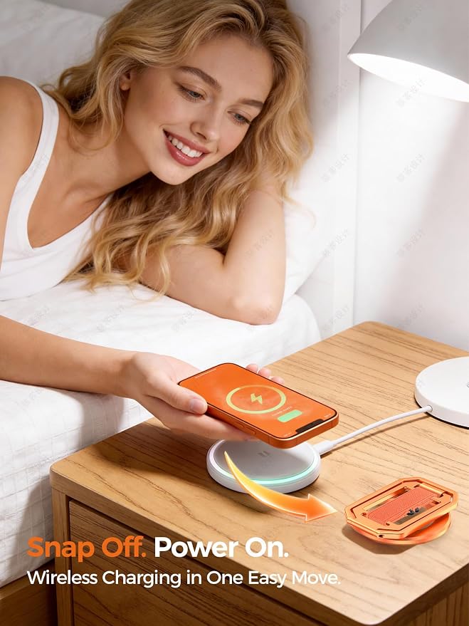 All-Aluminum Magnetic Phone Grip & Stand for Desk, Bed & On-the-Go – Compatible with MagSafe – Secure One-Hand Hold, Comfortable Scrolling, Hands-Free Video Calls, Sunset Orange