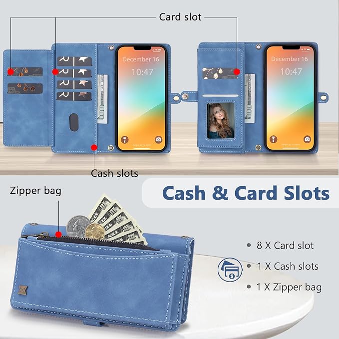 Wallet Case for iPhone 13 Pro with Card Holder/Crossbody Wallet/Strap| RFID Blocking | Magnetic | Kickstand | Detachable | PU Leather Phone Case for iPhone 13 Pro,6.1 in,Sky Blue