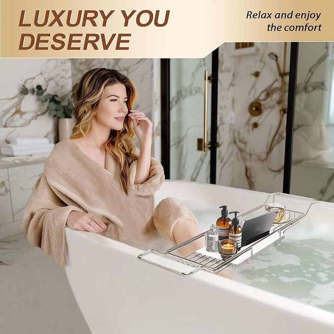 BVL Bathtub Tray Stainless Steel with Marble Base Chrome Bathtub Tray with White Marble Base Adjustable & Rustproof Bath Caddy for Spa, Relaxation, Bath Bombs