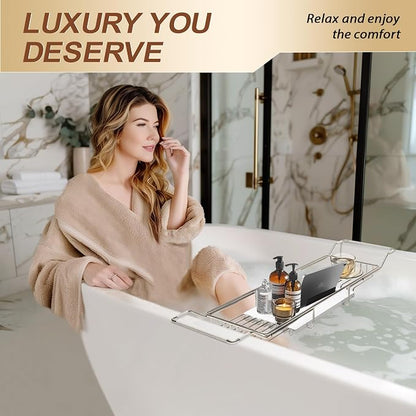 BVL Bathtub Tray Stainless Steel with Marble Base Chrome Bathtub Tray with White Marble Base Adjustable & Rustproof Bath Caddy for Spa, Relaxation, Bath Bombs