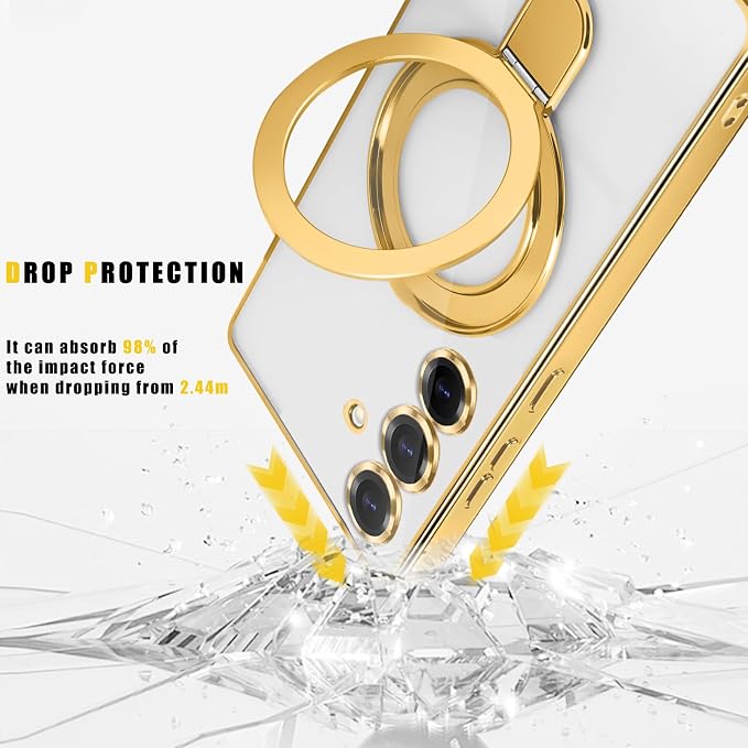 Magnetic Case for Samsung Galaxy S24 Case Stand & Ring Holder Compatible with MagSafe Built-in Camera Lens Protector Shockproof Phone Case for Samsung S24 - Gold