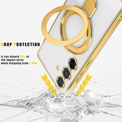 Magnetic Case for Samsung Galaxy S25 Case Stand & Ring Holder Compatible with MagSafe Built-in Camera Lens Protector Shockproof Phone Case for Samsung S25 - Gold