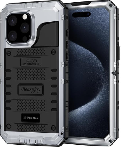 Beasyjoy for iPhone 15 Pro Max Case Waterproof, Metal Heavy Duty Full Body Protective Case with Built-in Screen Protector, Military Grade Shockproof Defender Case for iPhone 15 Pro Max 6.7", Silver