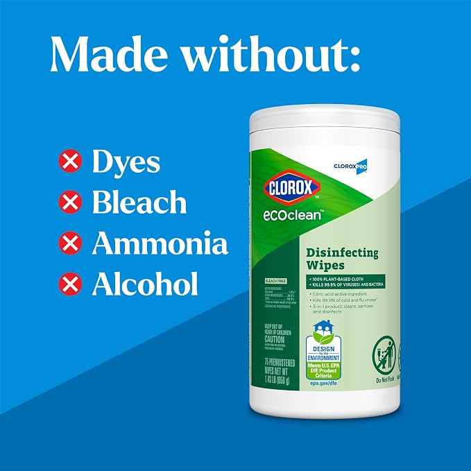 CloroxPro Clorox EcoClean Disinfecting Wipes, Multipurpose 100% Plant Based Cleaning Cloths, Antibacterial Disinfectant, Safe for Multi Surface Use, 75 Count (Pack of 6)