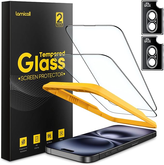 Lamicall 2+2 for iPhone 16 Plus Max Screen Protector (6.7") with Camera Lens Protector, [Top 9H Tempered Glass Film], Easy Alignment, Anti-Scratch, 0 Bubbles, HD Clear for iPhone 16 Plus - 2 Pack Each