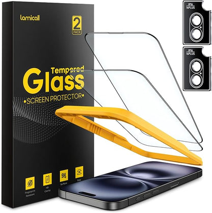 Lamicall 2+2 for iPhone 16 Plus Max Screen Protector (6.7") with Camera Lens Protector, [Top 9H Tempered Glass Film], Easy Alignment, Anti-Scratch, 0 Bubbles, HD Clear for iPhone 16 Plus - 2 Pack Each