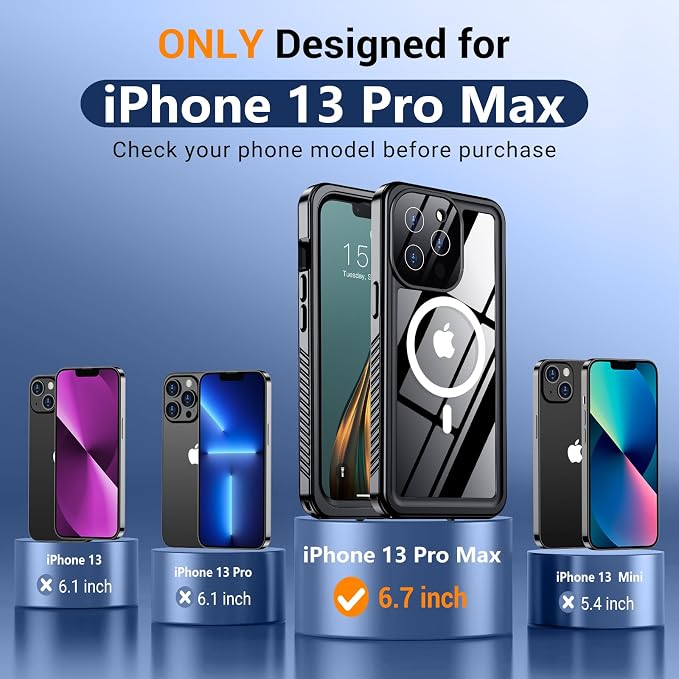 Temdan Magnetic for iPhone 13 Pro Max Case Waterproof, Built-in Screen Protector[IP68 Underwater][Compatible with MagSafe][Military Dropproof] Protective Case for iPhone 13 Pro Max-Black/Clear