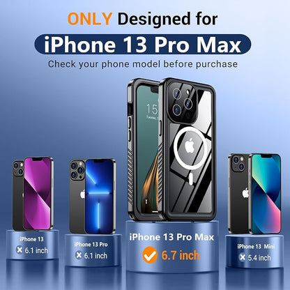 Temdan Magnetic for iPhone 13 Pro Max Case Waterproof, Built-in Screen Protector[IP68 Underwater][Compatible with MagSafe][Military Dropproof] Protective Case for iPhone 13 Pro Max-Black/Clear