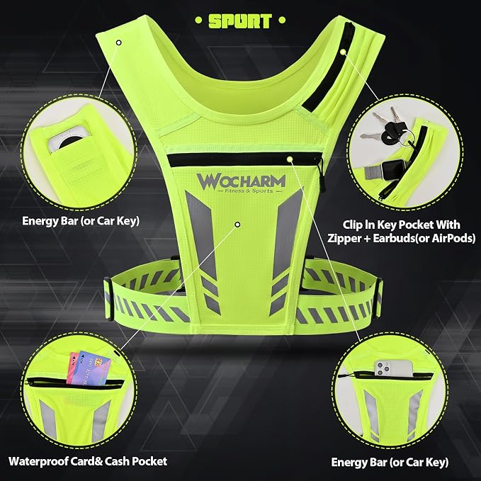 Reflective Vest Chest Phone Holder, Adjustable Hydration Training Workout Gear for Nighttime Running Biking