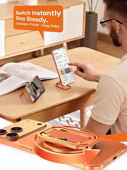All-Aluminum Magnetic Phone Grip & Stand for Desk, Bed & On-the-Go – Compatible with MagSafe – Secure One-Hand Hold, Comfortable Scrolling, Hands-Free Video Calls, Sunset Orange