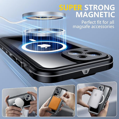 Red2Fire for iPhone 15 Case Waterproof, [Built-in Screen Protector & Camera Protector][Compatible with MagSafe][Full Body Shockproof][IP68 Waterproof][Dustproof] Phone Case 6.1" Black/Clear