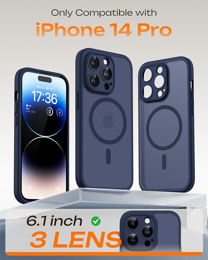 TOCOL Magnetic for iPhone 14 Pro Case, Upgraded Full Camera Protection, Compatible with Magsafe, Drop Protection, Translucent Matte Back Bumper Phone Cover 6.1-Inch (Dark Blue)