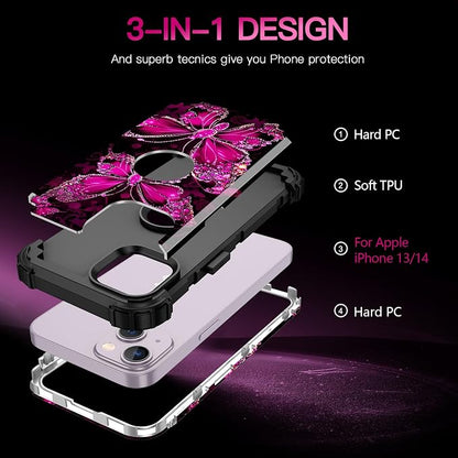 Casetego for iPhone 13 Case,iPhone 14 Case,Three Layer Heavy Duty Sturdy Shockproof Protection Full Rugged Hard PC+Soft TPU Bumper Protective Girls Case for Apple iPhone 13/14 6.1 inch,Dark