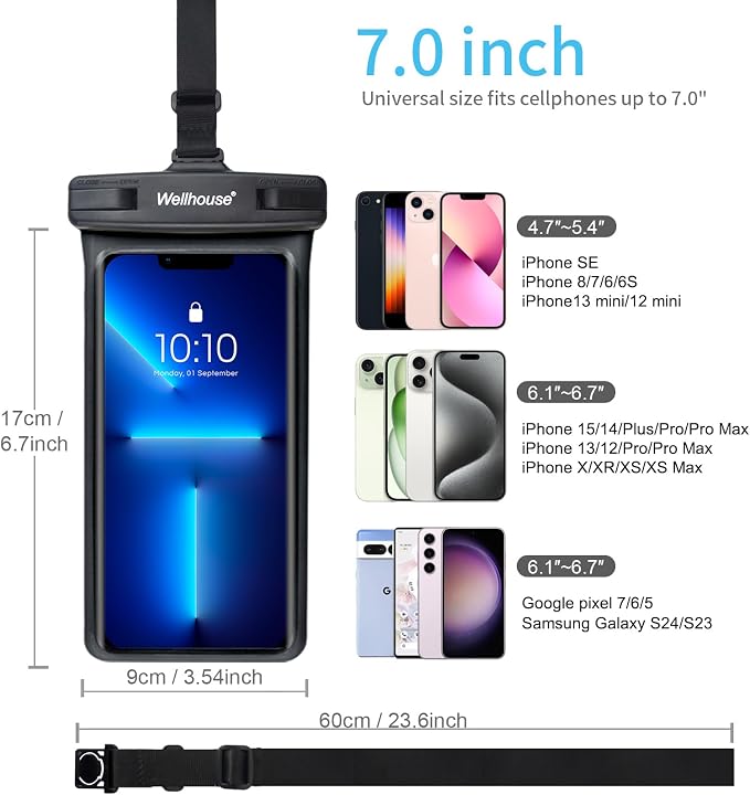 wellhouse Waterproof Phone Pouch, Waterproof Phone Case for iPhone 17 16 15 14 13 Pro Max XS Samsung, IPX8 3D Cellphone Dry Bag Beach Essentials (1 Pack - Black7.0, 7 inch)