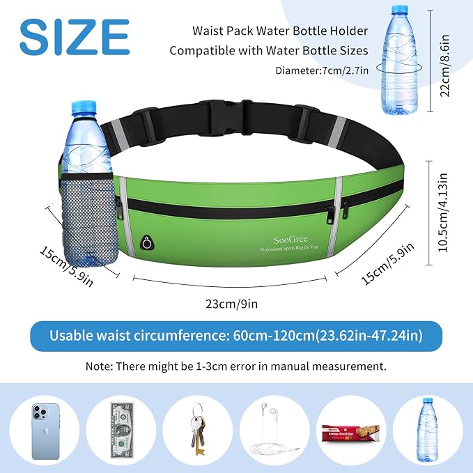 SooGree Slim Running Belt Sport Fanny Pack for Women Men,Outdoor Reflective Waist Pack Runner Pouch Belt, Zipper Waterproof Running Phone Holder Jogging Pouch for Phone Money Belt Waist Bag (Green)