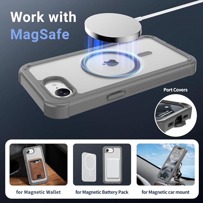 jaroco Magnetic for iPhone 17e Case& iPhone 16e Case, [Compatible with MagSafe][Military Grade Drop Protection][Heavy Duty Protection][Non-Slip][Shockproof] 2-Layer Bumper Phone Case 6.1''-Gray