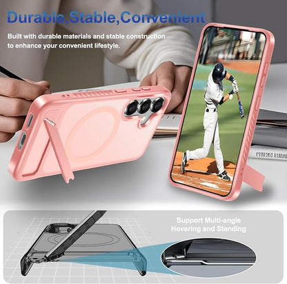 RMOCR for Samsung Galaxy S25 Case with Screen Protector+Lanyard Wrist Strap,Magnetic Translucent Matte Rugged Slim Phone Cover Built in Invisible Kickstand [Fit for MagSafe],2025 Cute Pink