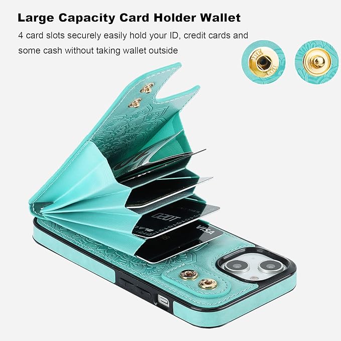 HAOPINSH for iPhone 13/ iPhone 14 Wallet Case with Card Holder, 360°Rotation Ring Kickstand, Green Mandala Pattern, RFID Blocking Leather for Girls Women, Double Buttons Flip Protective Cover 6.1"