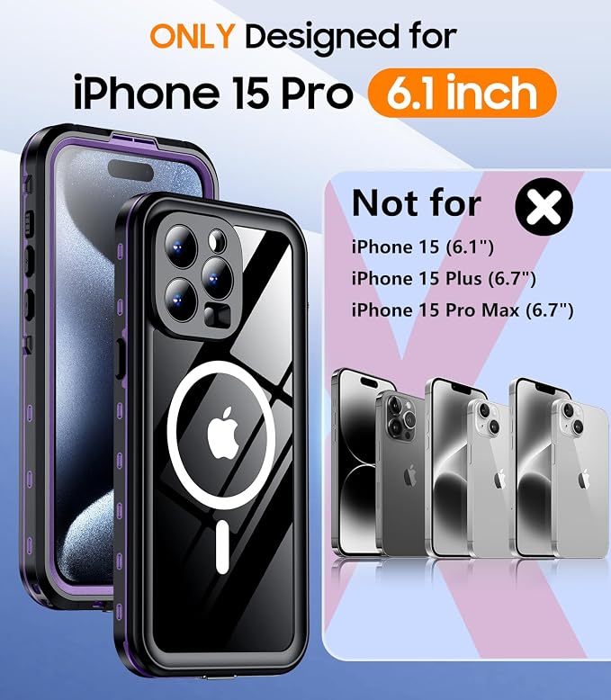 Temdan Magnetic for iPhone 15 Pro Case Waterproof,Built-in Screen Protector[IP68 Underwater][Upgrade Military Dropproof][Compatible with MagSafe] Full Body Shockproof Translucent Case 6.7''-Purple