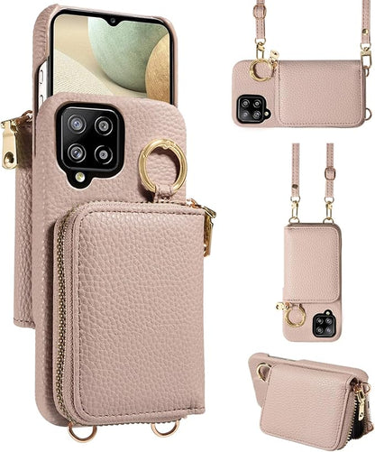 Wallet Case for Samsung Galaxy A22 4G 6.4 inch with Shoulder Strap Ring Buckle, PU Leather Zipper Organ Purse, Credit Card Holder Stand Phone Cover for M32 M22 F22 A 22 22A G4 Women Men Khaki