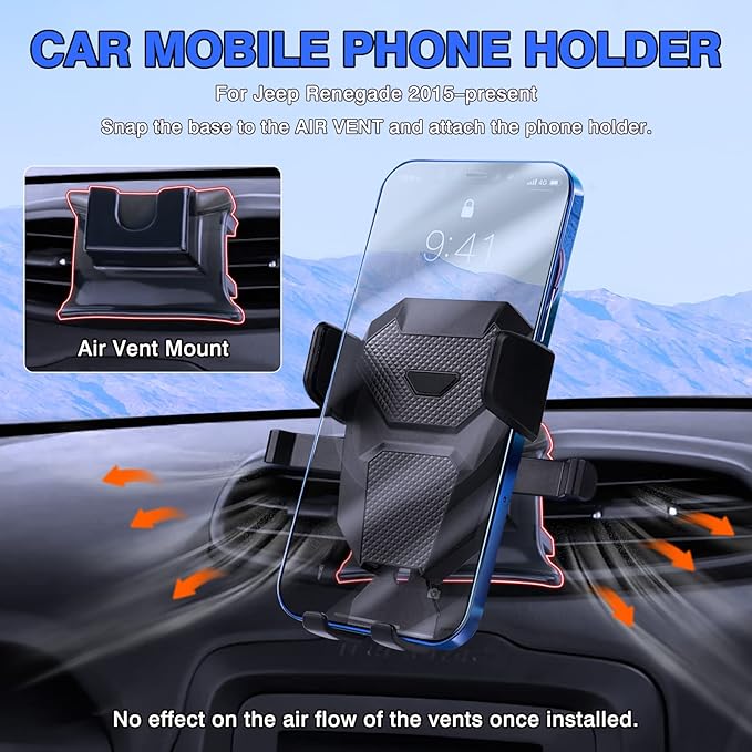 Karltys Car Phone Holder for Jeep Renegade 2015-2024 Accessories Renegade Cell Phone Holder Air Vent Mount for 4-7 Inch Phones Hands Free Thick Case Friendly Mobile Stand
