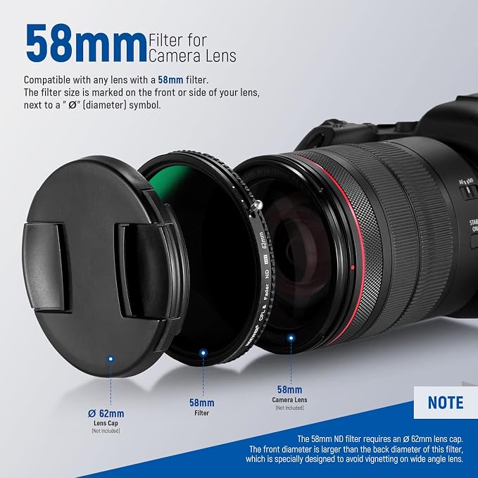 NEEWER 2 in 1 58mm Variable ND Filter ND2–ND32&CPL Filter(Circular Polarizer Filter) No X Cross/30 Layer Nano Coated/HD Optical Glass/Ultra Slim Aluminum Alloy Frame/Water Repellent/Scratch Resistant