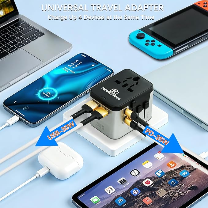 International Power Adapter with 4 Ports (2 USB-C & 2 USB-A) Fast Charging 35W Universal Travel Plug Adapter for USA, Europe, UK, Australia, China & 150+ Countries