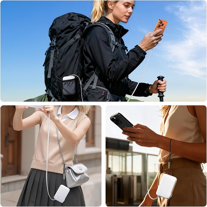 HOU 3 in 1 Portable Power Bank 10000mAh, 35W PD Fast Charging, Retractable USB-C Cable, Foldable Wall Plug, Dual Device Charging, FCC&UL Certified, Compatible with iPhone 17 Pro Max, Samsung, iPad
