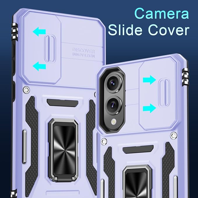 DEERLAMN Case for Samsung Galaxy S25 Edge with Slide Camera Cover+Screen Protector (1 Pack), Rotated Ring Kickstand Military Grade Shockproof Protective Cover-Light Purple