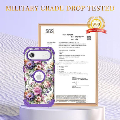 Hocase for iPhone Air Case 6.5", Heavy Duty Shockproof Protection Soft Silicone Rubber+Hard Plastic Bumpers Hybrid Protective Case for iPhone Air 2025 - Purple Pink Flowers
