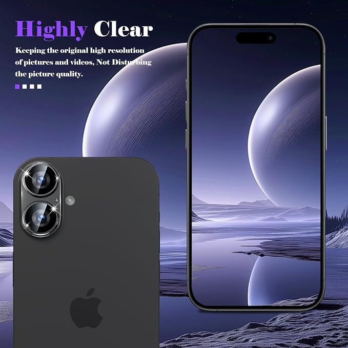 Camera Lens Protector for iPhone 16 / iPhone 16 Plus Camera Lens Protector [Strong Adsorption] [Not Easy to Break] Metal Tempered Glass Rear Camera Screen Cover - Black