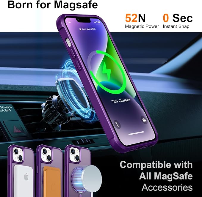 360° Magnetic Swivel Ring for iPhone 14 Plus case, Built-in Metal Stand and Ring Holder, Magsafe Compatible, Military Grade Protection, Shockproof - Purple
