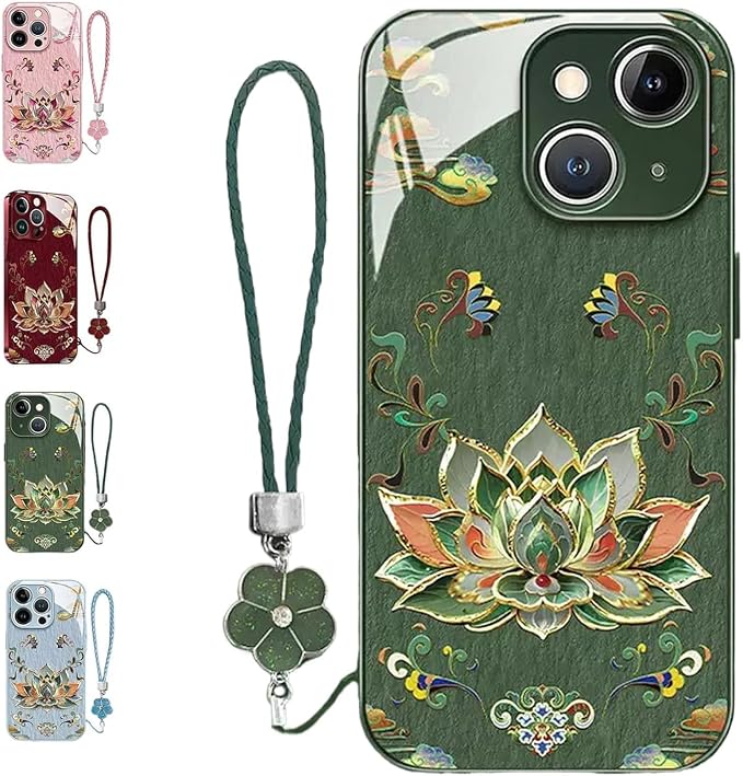 Dunhuangs Lotus Lanyard Hard Case for iPhone 17/16/15/14/13 Pro Max, Dunhuangs Lotus Hard Case, All-Inclusive Lens Design Phone Cases (Turquoise,XR)