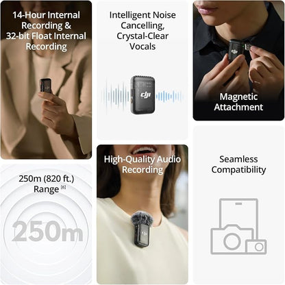 DJI Mic 2 (1 TX + 1 RX), Wireless Microphone with Intelligent Noise Cancelling, 32-bit Float Internal Recording, Optimized Sound, 250m (820 ft.) Range, Microphone for iPhone, Android, Camera, Vlogs