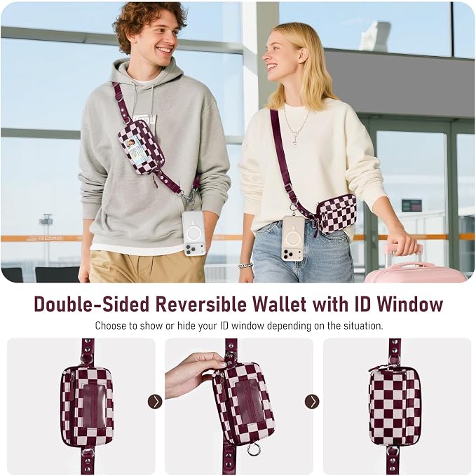 Clip and Go Strap for Phone with Wallet Crossbody Phone Lanyard and Detachable Checkered Bag with ID Window and RFID Pouch for Daily Travel.