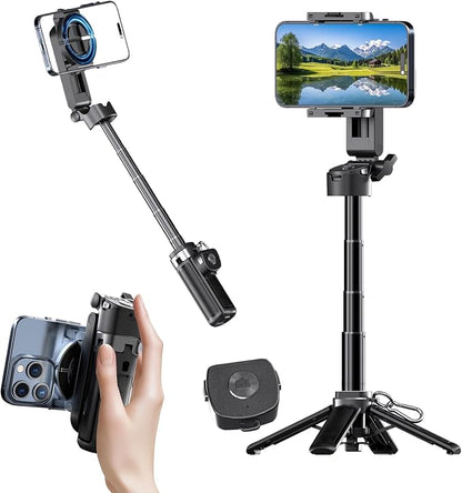 Magnetic Phone Tripod Stand, Portable Mini Selfie Stick for iPhone 16/15/14/13/12 & MagSafe, Aluminum Angle-Adjustable Foldable Strong Magnet Phone Holder, Travel Essentials, Included Metal Ring
